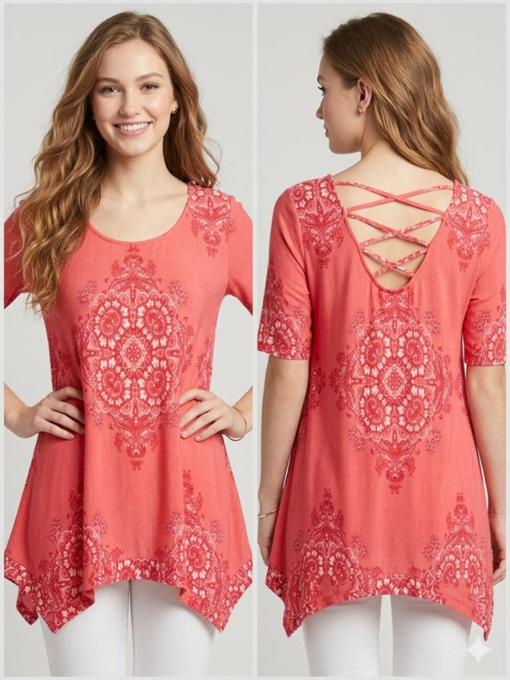 New Directions Weekend Top Large Coral Pink Medallion Lattice Back Sharkbite Hem
